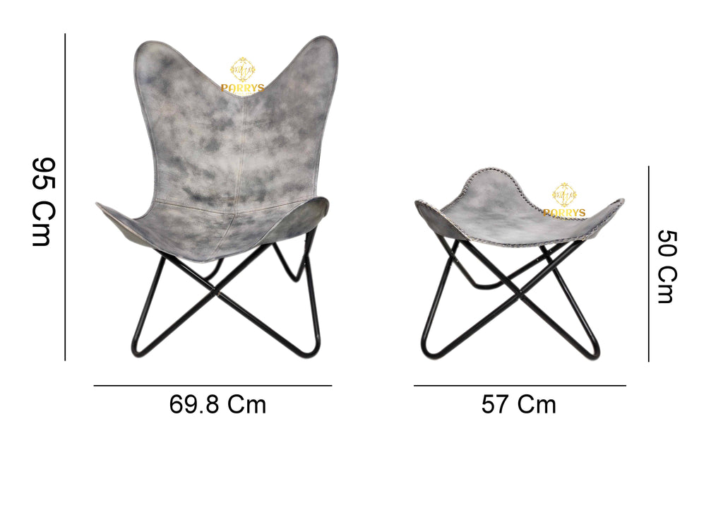 Vintage Grey Leather Butterfly Chair with Ottoman