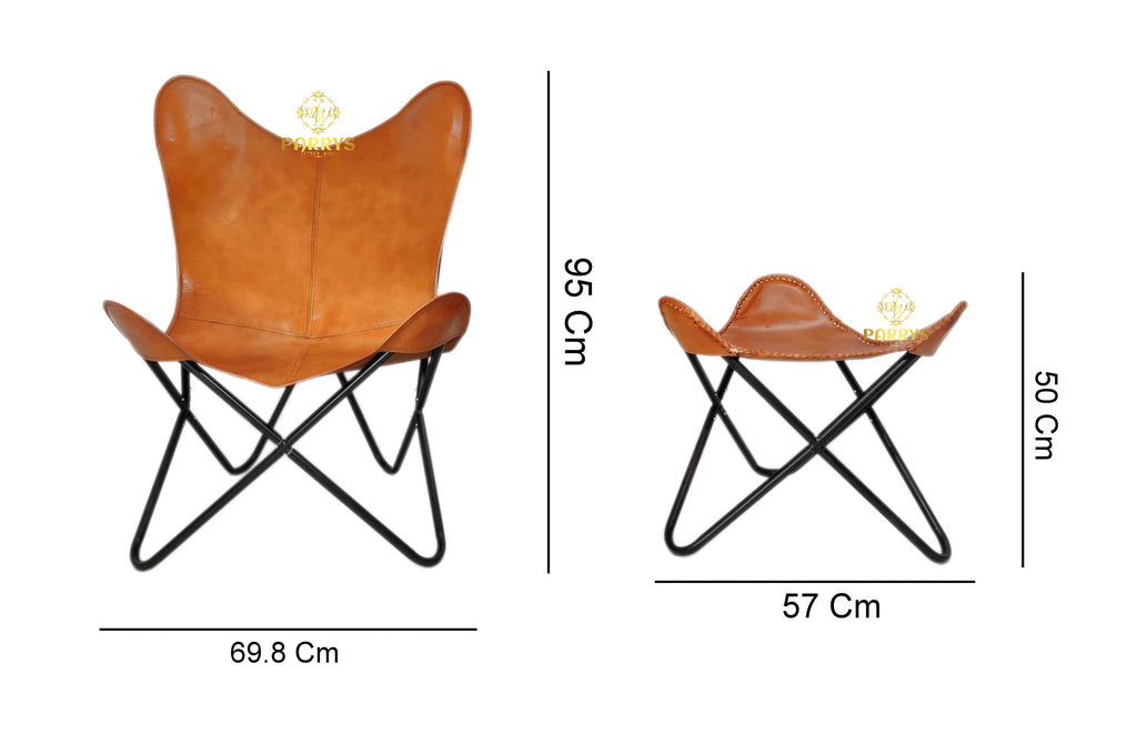 Classic Rustic Brown Leather Butterfly Chair with Ottoman
