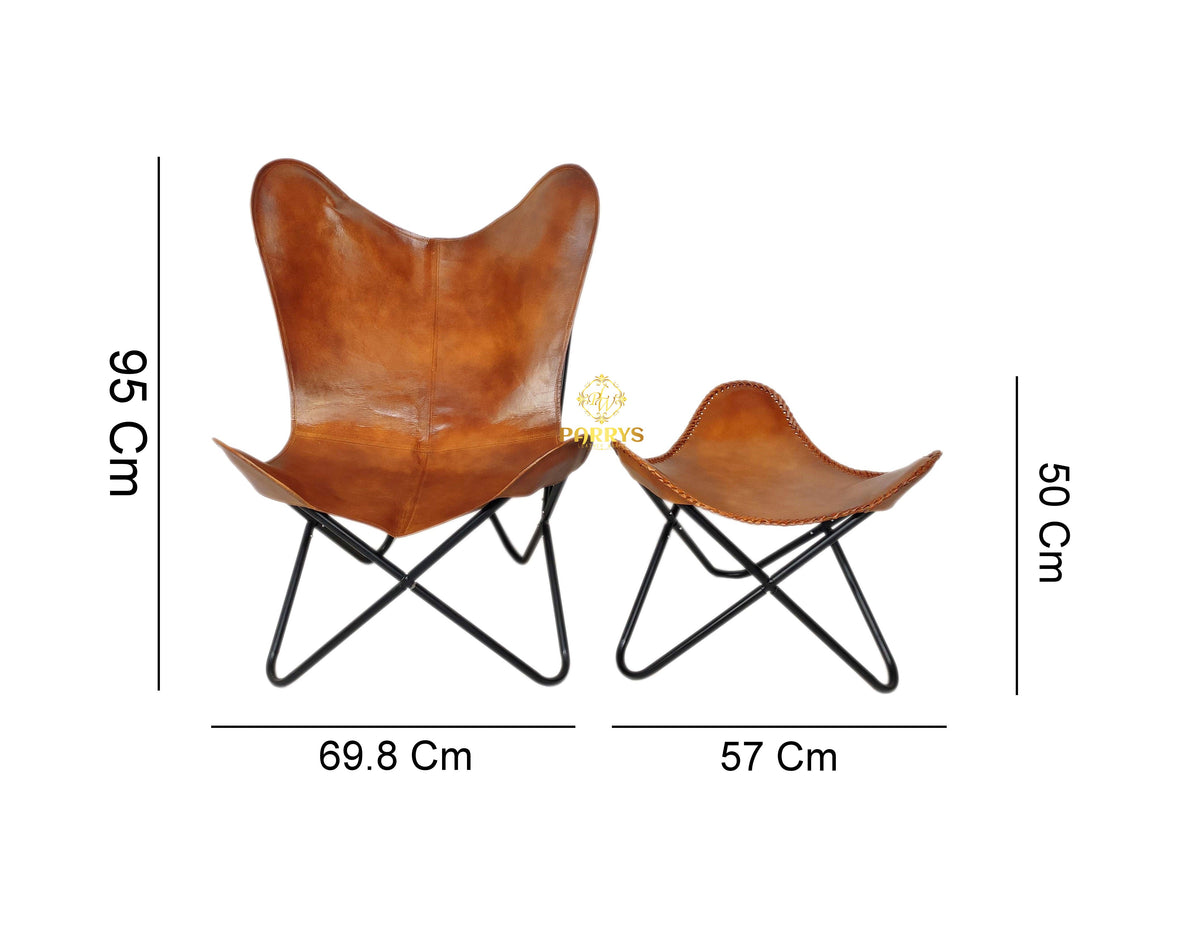 Vintage Tan Leather Butterfly Chair with Ottoman