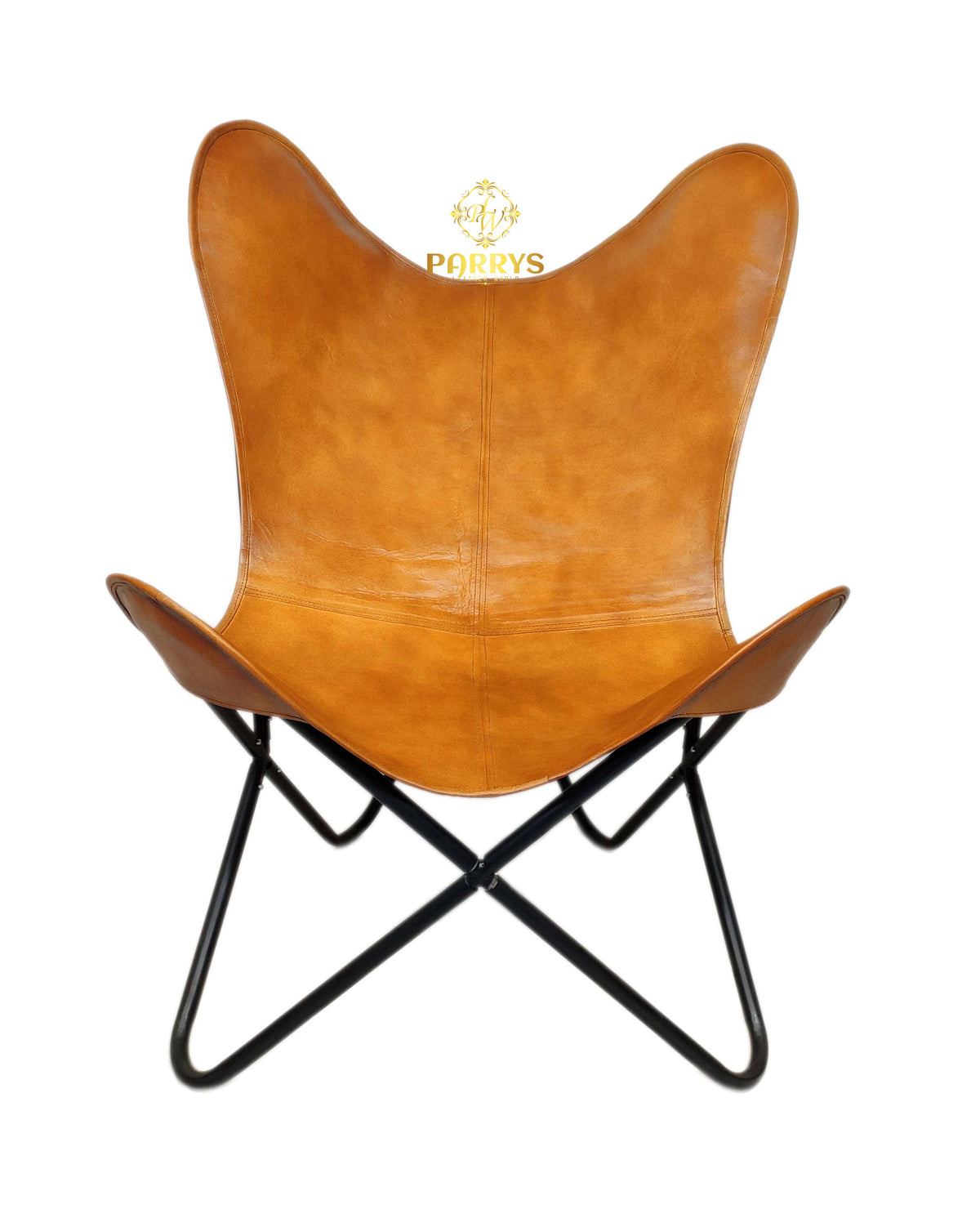 Vintage Tan Leather Butterfly Chair with Ottoman