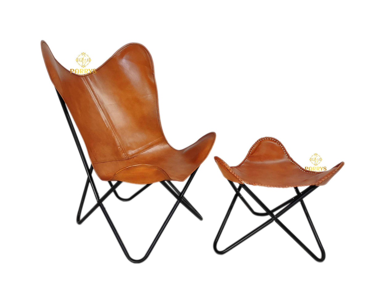 Classic Rustic Brown Leather Butterfly Chair with Ottoman