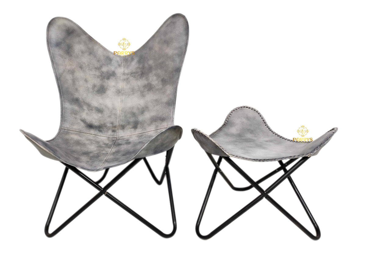 Vintage Grey Leather Butterfly Chair with Ottoman
