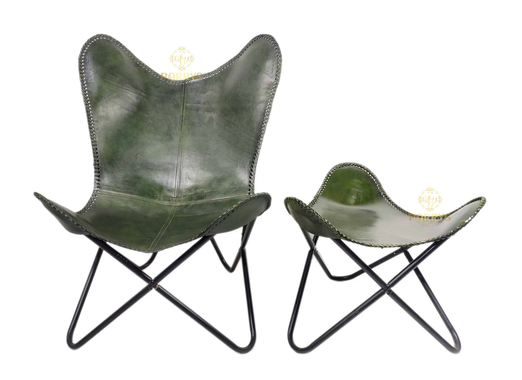 Green Butterfly Leather Chair & Stool Set