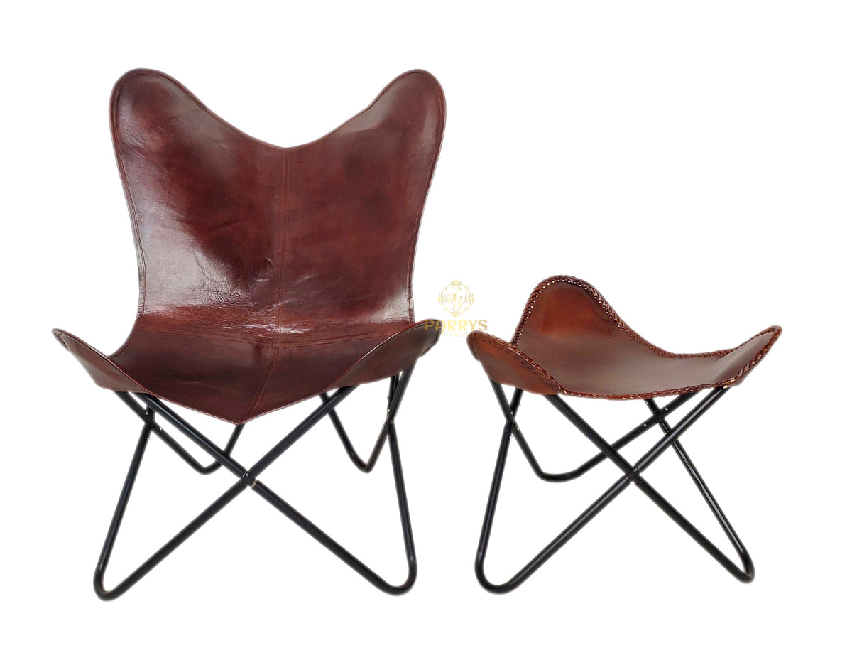 Vintage Chocolate Brown Leather Butterfly Chair with Ottoman