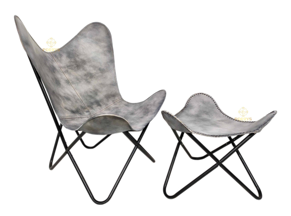 Vintage Grey Leather Butterfly Chair with Ottoman