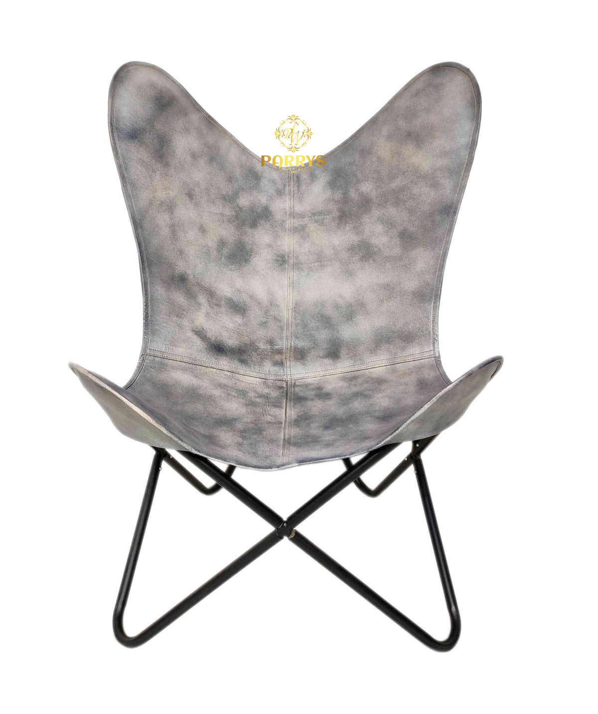 Vintage Grey Leather Butterfly Chair with Ottoman