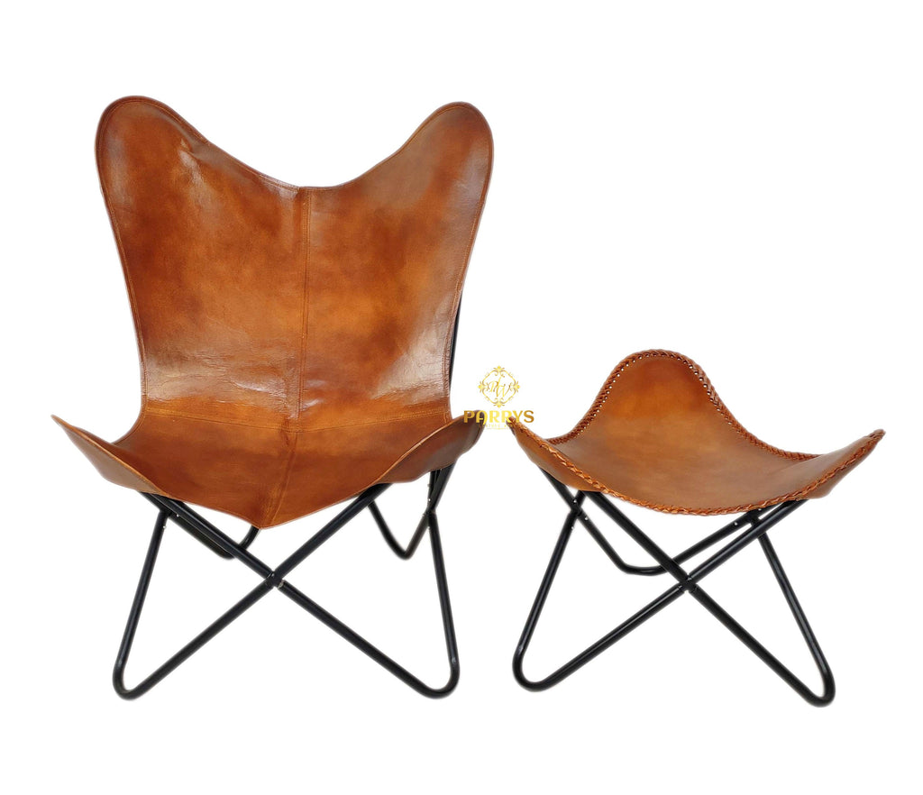 Vintage Tan Leather Butterfly Chair with Ottoman