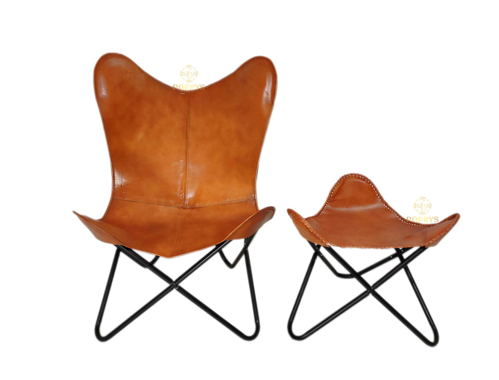 Classic Rustic Brown Leather Butterfly Chair with Ottoman
