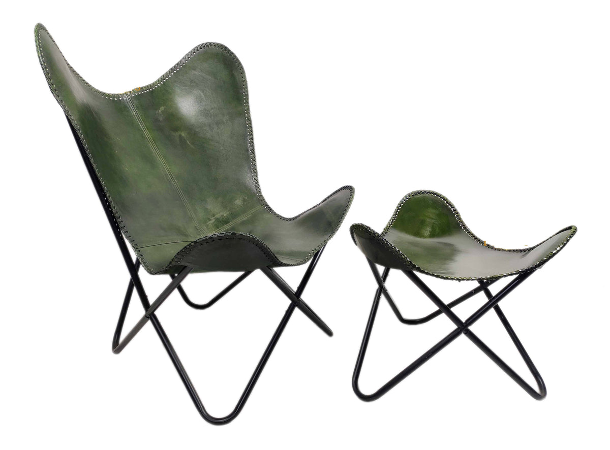 Green Butterfly Leather Chair & Stool Set