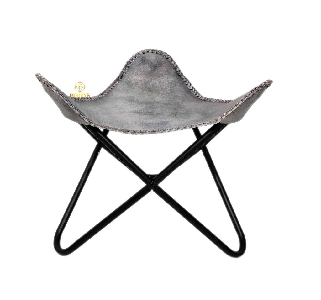 Vintage Grey Leather Butterfly Chair with Ottoman