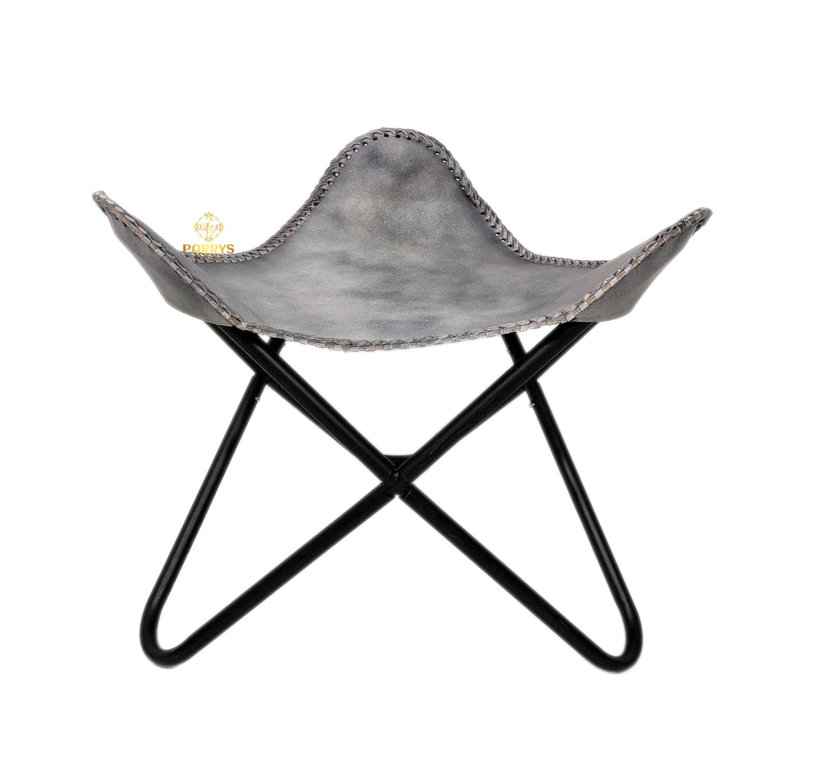 Vintage Grey Leather Butterfly Chair with Ottoman