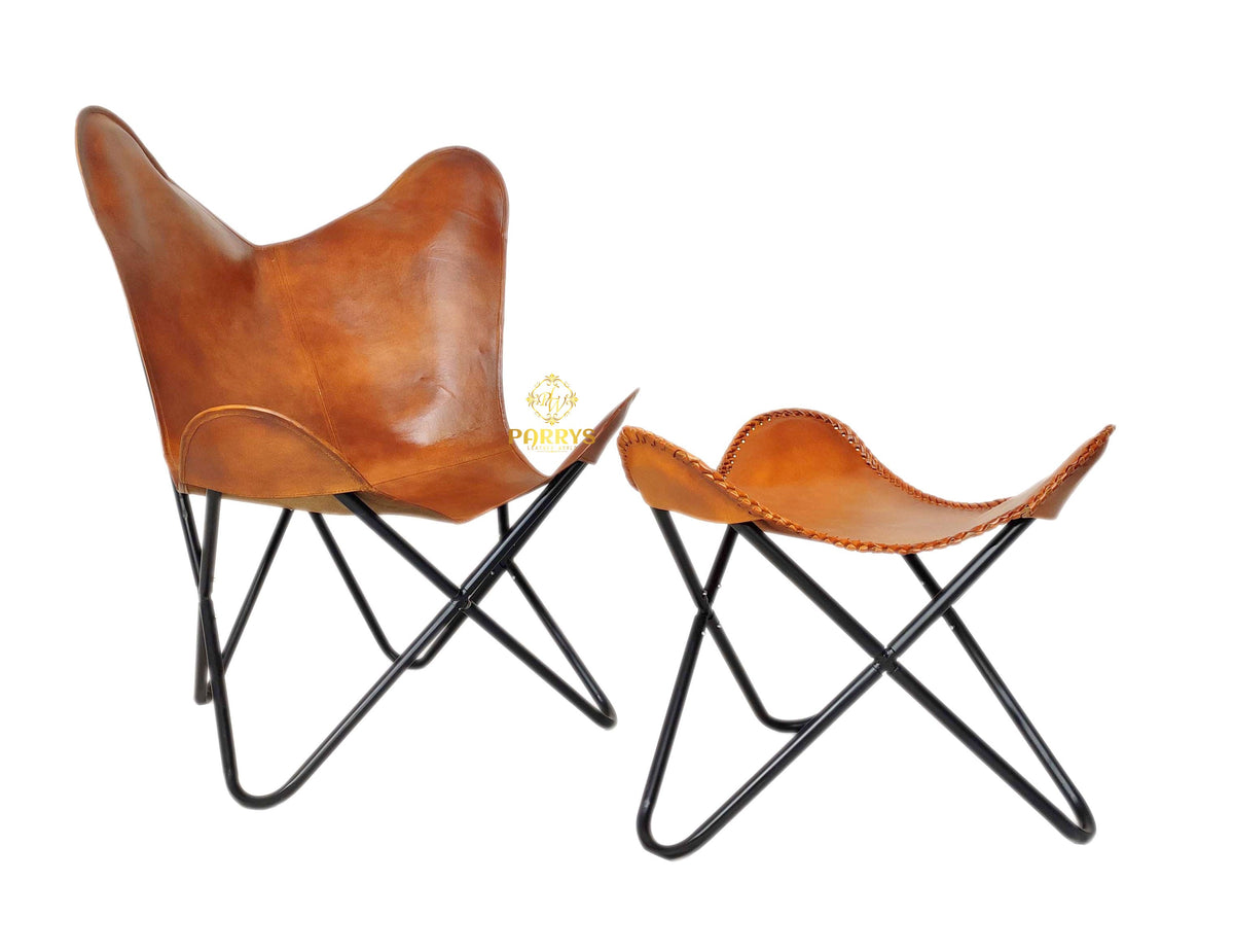 Vintage Tan Leather Butterfly Chair with Ottoman
