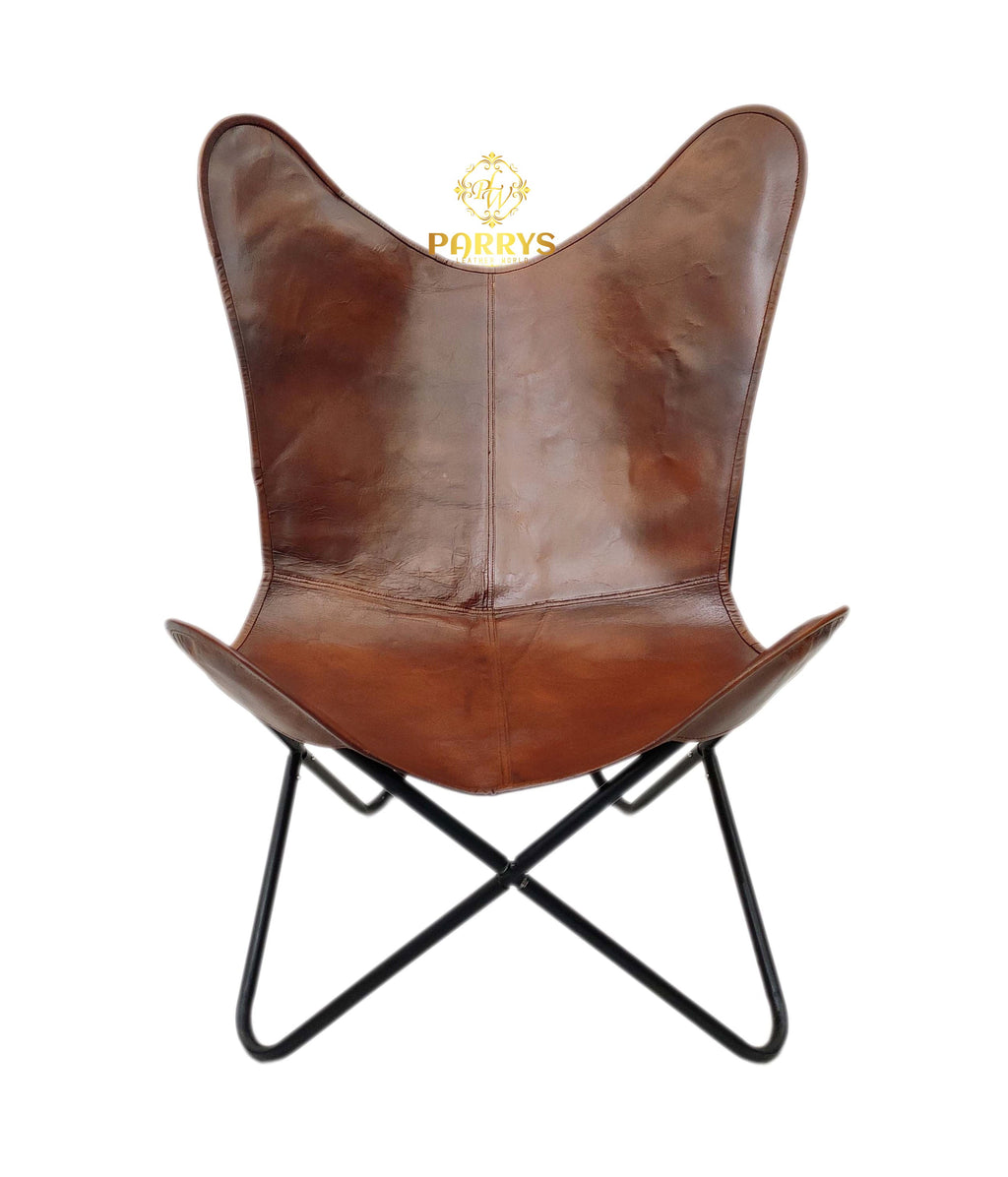 Vintage Chocolate Brown Leather Butterfly Chair with Ottoman