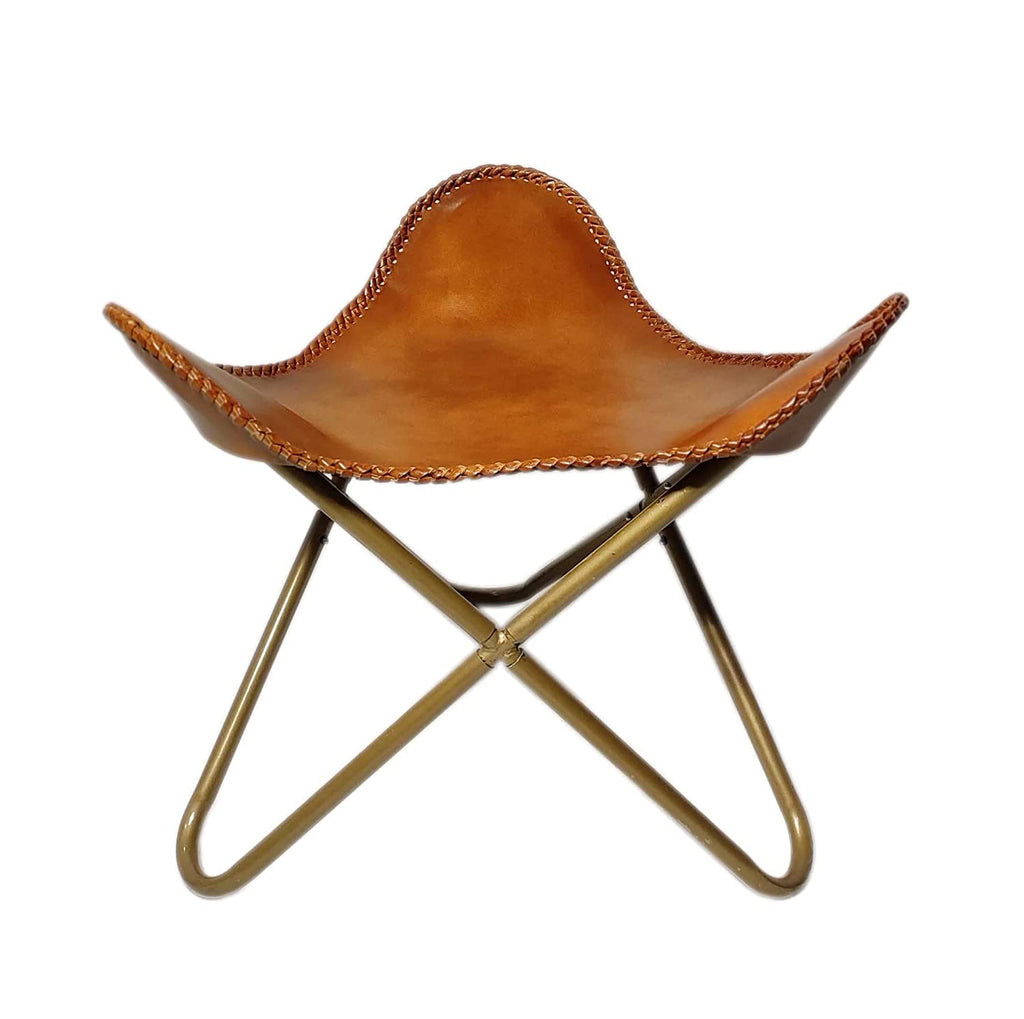 Vintage Brown Leather foot stool with Brass Frame