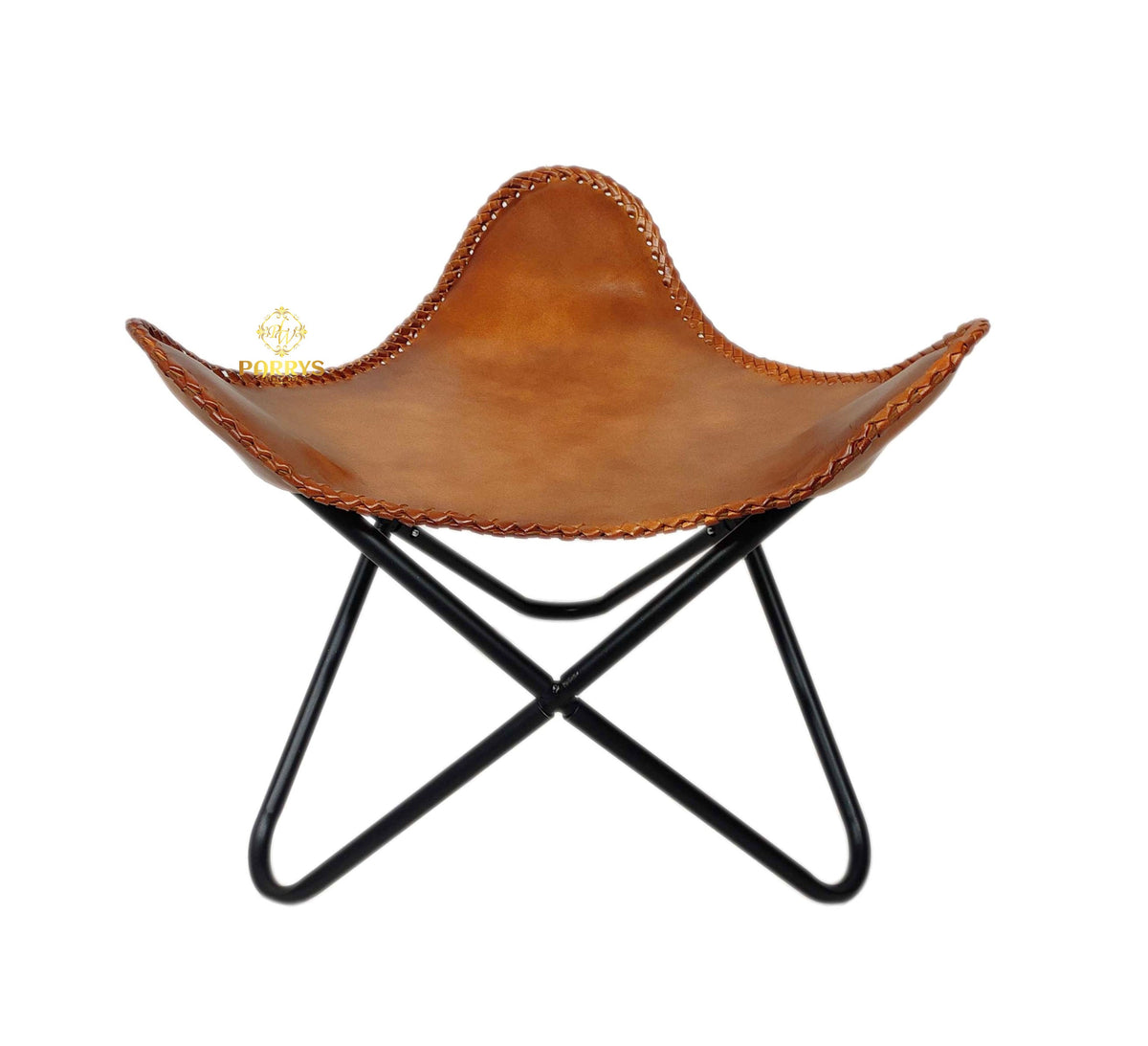 Vintage Tan Leather Butterfly Chair with Ottoman