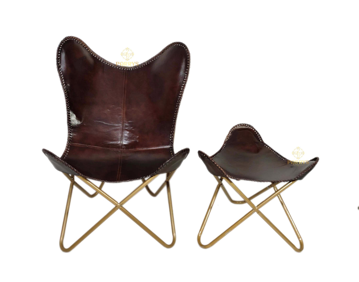 Deep Walnut Leather Chair & Footstool