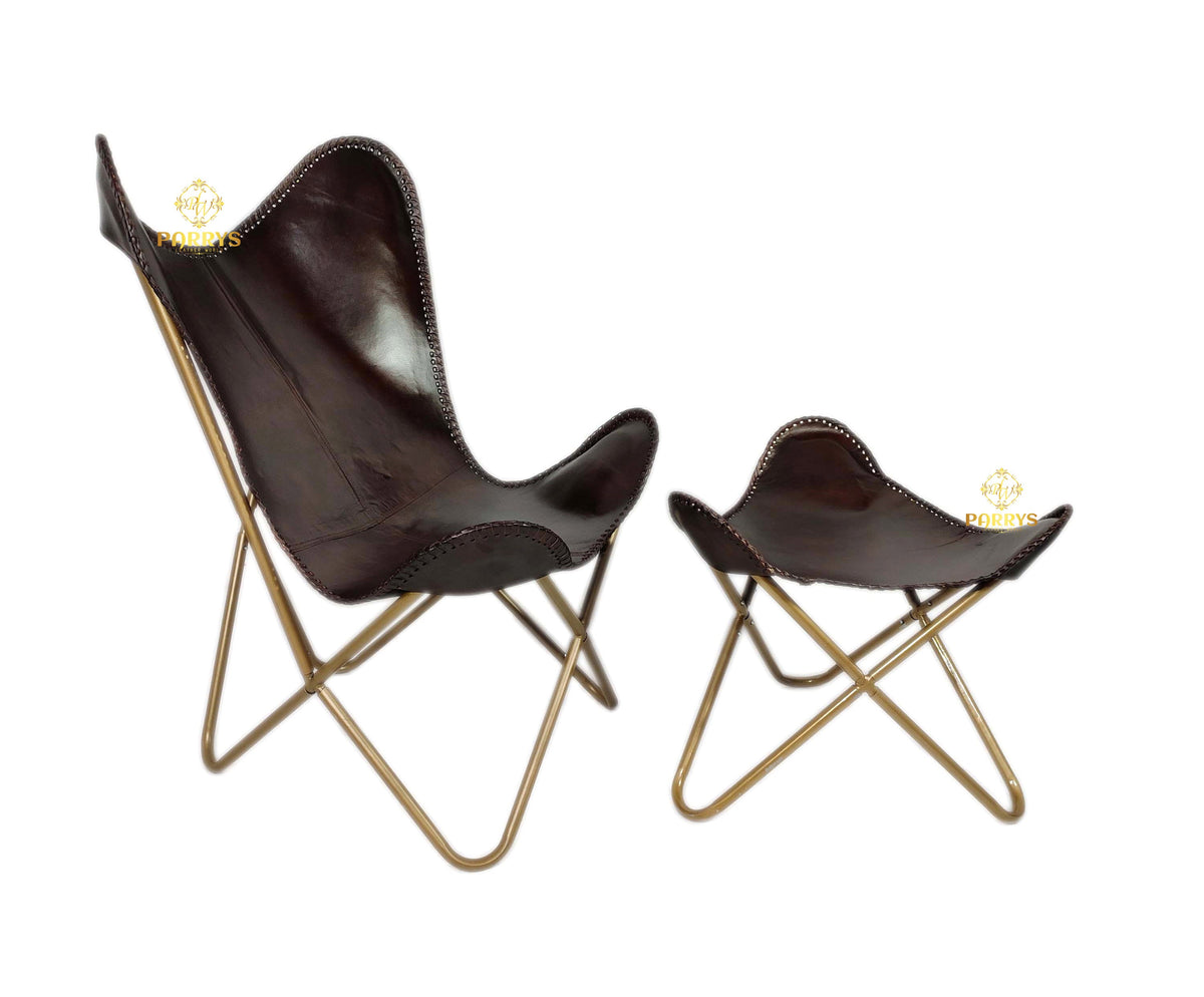 Deep Walnut Leather Chair & Footstool